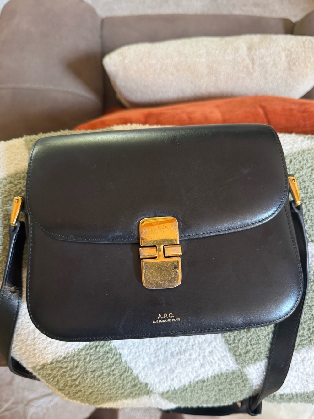A.P.C. Rue Madame Paris Black Leather Crossbody Shoulder Bag Gold Push Lock